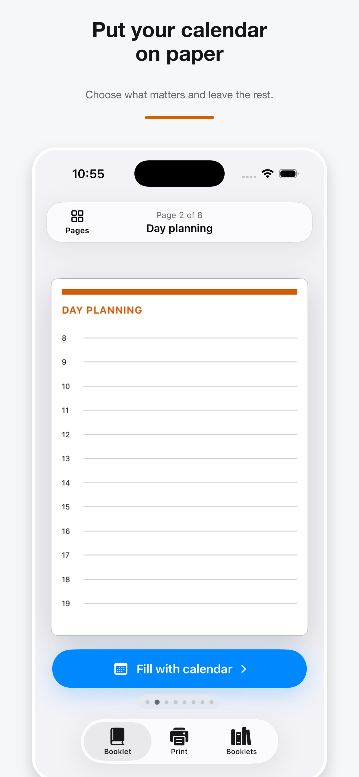 Phone to Paper app showing a day planning page and calendar action